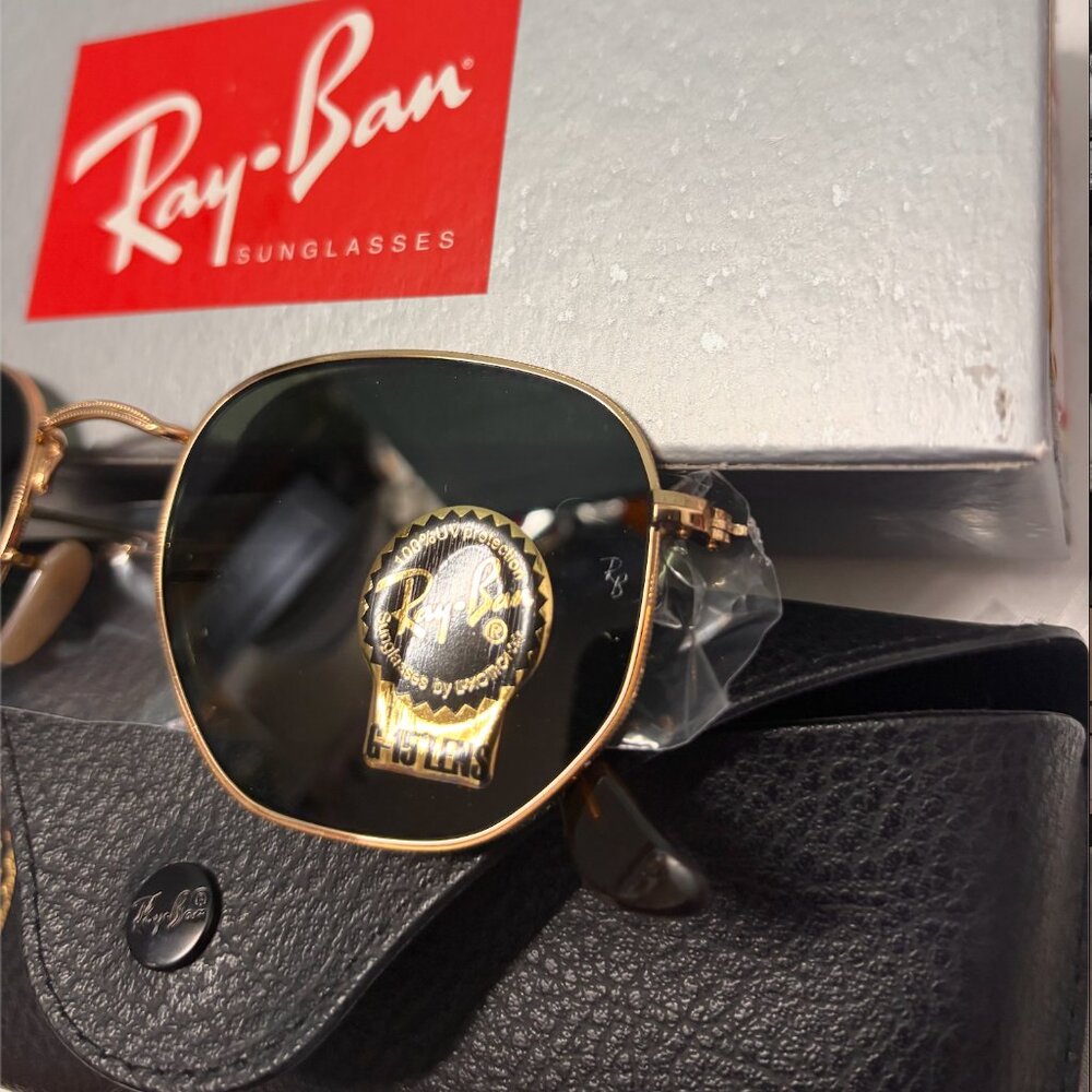 Ray-Ban Hexagonal Sunglasses Green Lenses Gold Metal Frame Adjustable Nosepads - Picture 5 of 13
